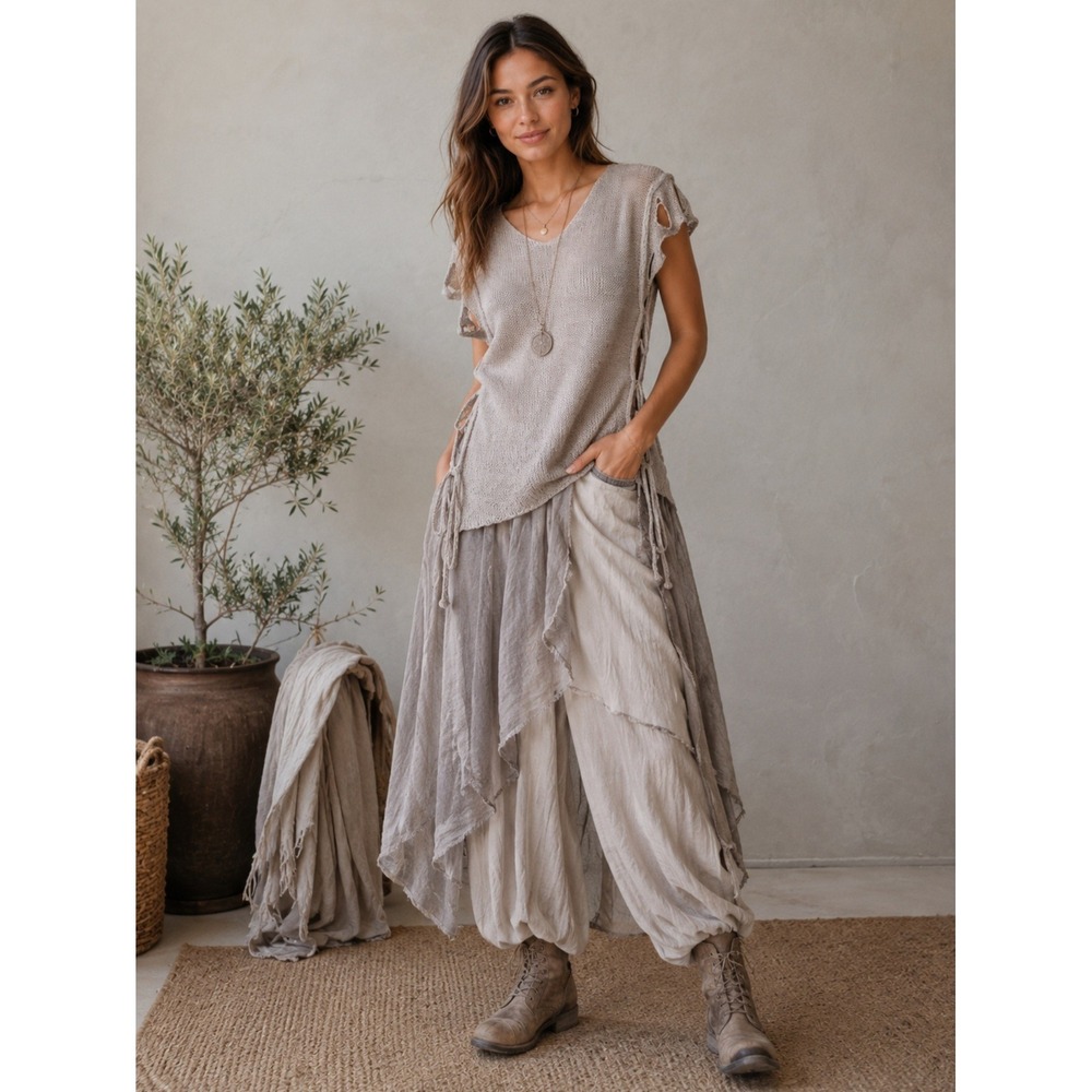 MARA GIBBUCCI Beige Lagenlook V-Neck Knit Top Side Tie Tassels Open Stitch  M